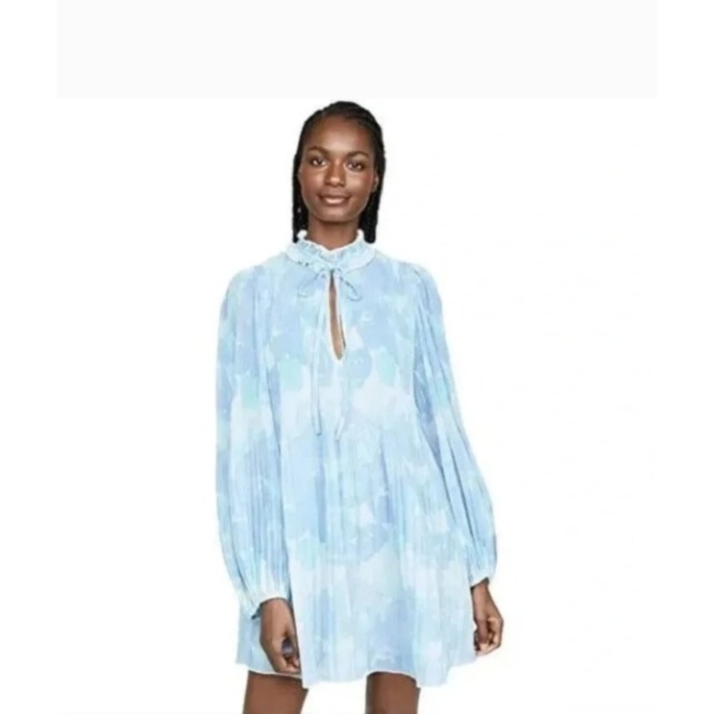 GANNI Pleated Georgette Tie Neck Dress Womens 34 XS 2 Mini Babydoll Tie Dye